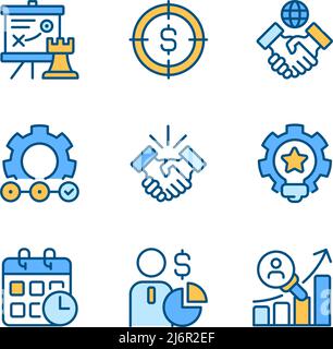 Business activities pixel perfect RGB color icons set Stock Vector