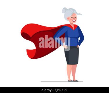 Older woman in superhero costume wearing red cape. Super heroine elderly female. Strong healthy old lady. Cool hero retired granny. Cheerful senior pensioner having superpowers. Active fun grandmother Stock Vector