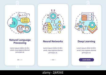 Fields of machine learning onboarding mobile app screen Stock Vector