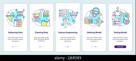 Problem solving steps in machine learning onboarding mobile app screen Stock Vector