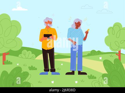 Senior people gadgets outdoor. Elderly persons use tablet and phone in park, watching location, older generation with device, grandparents chatting Stock Vector