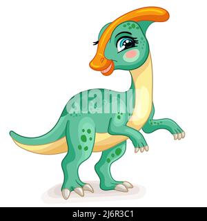 Happy dinosaur green parasaurolophus. Cute cartoon character. Vector isolated illustration. For print, design, advertising, cards, stationery, t-shirt Stock Vector