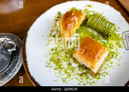 Baklava, a popular Turkish pastry with pistachio, in Gaziantep, Turkey. Stock Photo