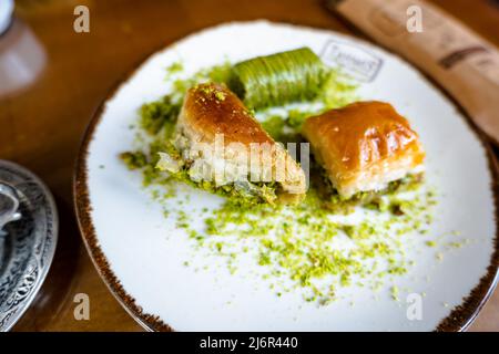 Baklava, a popular Turkish pastry with pistachio, in Gaziantep, Turkey. Stock Photo