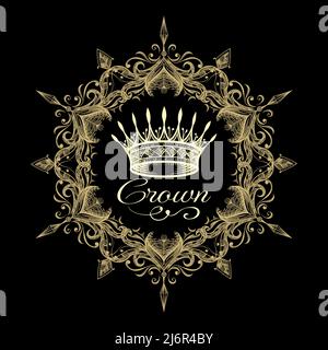 Emblem of crown in frame isolated on black background. Vector illustration. Stock Vector