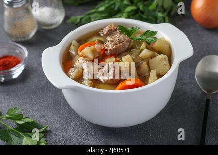 Pichelsteiner, German stew or thick soup with meat and vegetables in white bowl, Close-up Stock Photo