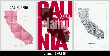 31 of 50 sets, US State Posters with name and Information in 3 Design Styles, Detailed vector art print California map Stock Vector