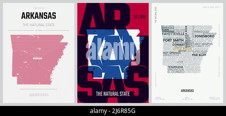 25 of 50 sets, US State Posters with name and Information in 3 Design Styles, Detailed vector art print Arkansas map Stock Vector