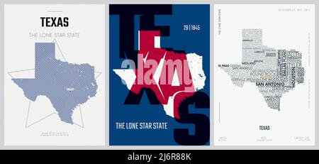 28 of 50 sets, US State Posters with name and Information in 3 Design Styles, Detailed vector art print Texas map Stock Vector