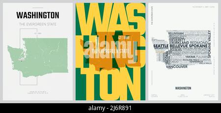 42 of 50 sets, US State Posters with name and Information in 3 Design Styles, Detailed vector art print Washington map Stock Vector