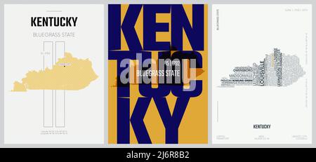 15 of 50 sets, US State Posters with name and Information in 3 Design Styles, Detailed vector art print Kentucky map Stock Vector