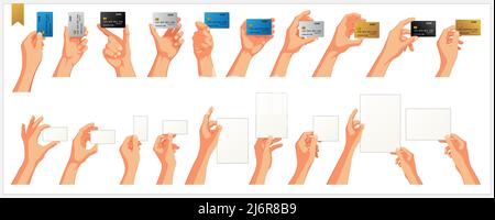 Set of realistic human hands, gestures and movement with bank cards, business card and paper leaves isolated vector illustrations white background Stock Vector