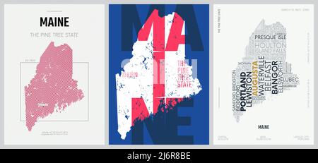 23 of 50 sets, US State Posters with name and Information in 3 Design Styles, Detailed vector art print Maine map Stock Vector
