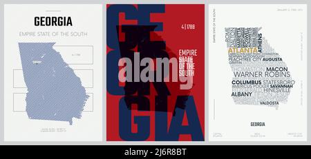 4 of 50 sets, US State Posters with name and Information in 3 Design Styles, Detailed vector art print Georgia map Stock Vector