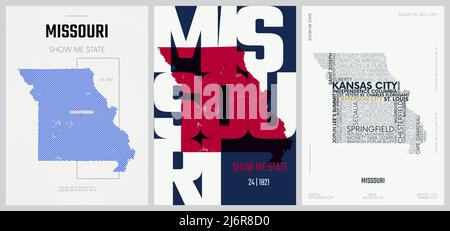 24 of 50 sets, US State Posters with name and Information in 3 Design Styles, Detailed vector art print Missouri map Stock Vector