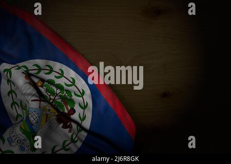 nice dark illustration of Belize flag with big folds on dark wood with empty space for your text - any occasion flag 3d illustration Stock Photo