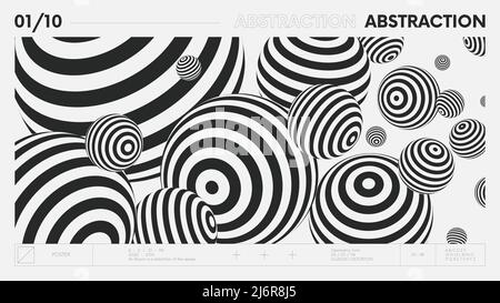 Abstract modern geometric banner with simple shapes in black and white colors, graphic composition design vector background, flying balls of different Stock Vector