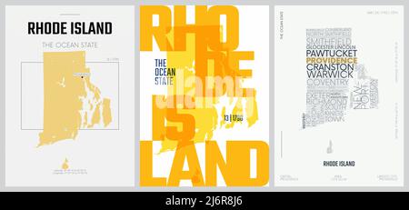 13 of 50 sets, US State Posters with name and Information in 3 Design Styles, Detailed vector art print Rhode Island map Stock Vector