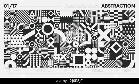 Abstract modern geometric banner with simple shapes in black and white colors, graphic composition design vector background, geometrical artwork with Stock Vector
