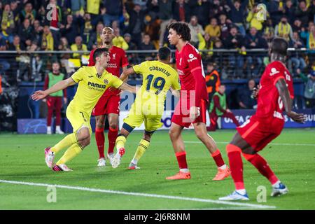 The joy of Gerard Moreno (Villarreal CF) for the goal of Francis Coquelin (Villarreal CF)  during  Villarreal CF vs Liverpool FC, UEFA Champions League football match in Vilareal, Spain, May 03 2022 Stock Photo