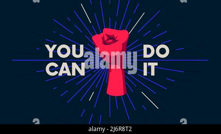 Gesture of human hand against the background of the sunburst, movement of the fingers, motivating vector poster with the slogan You can do it Stock Vector