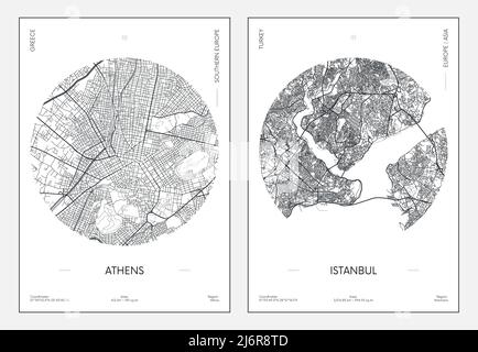 Travel poster, urban street plan city map Athens and Istanbul, vector illustration Stock Vector