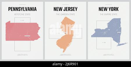 Vector posters detailed silhouettes maps of the states of America with abstract linear pattern, Pennsylvania, New Jersey, New York Stock Vector