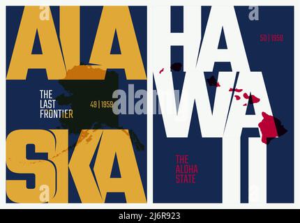 Vector posters states of the United States with a name, nickname, date admitted to the Union, Division Pacific - Alaska, Hawaii - set 17 of 17 Stock Vector