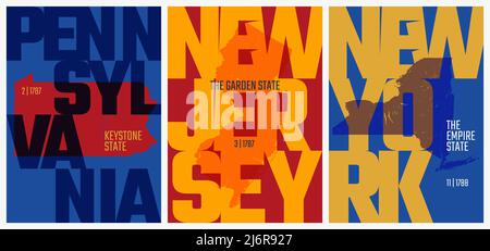Vector posters states of the United States with a name, nickname, date admitted to the Union, Pennsylvania, New Jersey, New York Stock Vector