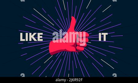 Gesture of human hand against the background of the sunburst, movement of the fingers, motivating vector poster with the slogan Like it Stock Vector
