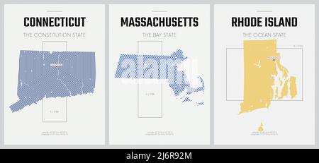 Vector posters detailed silhouettes maps of the states of America with abstract linear pattern, Division New England - Connecticut, Massachusetts, Rho Stock Vector