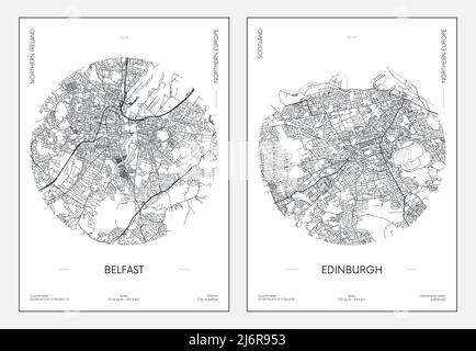 Travel poster, urban street plan city map Belfast and Edinburgh, vector illustration Stock Vector