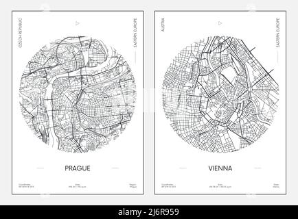 Travel poster, urban street plan city map Prague and Vienna, vector illustration Stock Vector