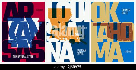 Vector posters states of the United States with a name, nickname, date admitted to the Union, Arkansas, Louisiana, Oklahoma Stock Vector