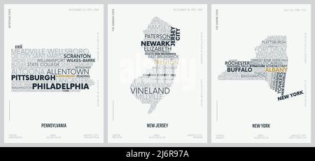 Typography composition of city names, silhouettes maps of the states of America, vector detailed posters, Pennsylvania, New Jersey, New York Stock Vector