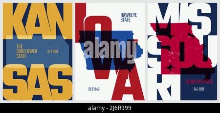 Vector posters states of the United States with a name, nickname, date admitted to the Union, Division West North Central - Kansas, Iowa, Missouri Stock Vector