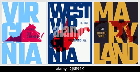 Vector posters states of the United States with a name, nickname, date admitted to the Union, South Atlantic - Virginia, West Virginia, Maryland Stock Vector