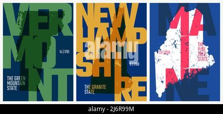 Vector posters states of the United States with a name, nickname, date admitted to the Union, Division New England - Vermont, New Hampshire, Maine Stock Vector