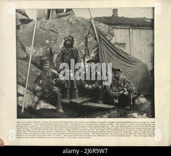 Antique photograph of Sami people (Lapps), near North Cape, Norway, 19th Century. The Sami people are an indigenous Finno-Ugric people inhabiting Sápmi, which today encompasses large northern parts of Norway, Sweden, Finland, and the Kola Peninsula Stock Photo