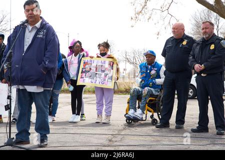 Press conference and vigil for the death of 13 year old Shanaria Wilson, shot outside her home in Milwaukee, Wisconsin, on April 24, 2022. Stock Photo