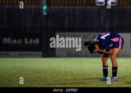London, England. 03/05/2022, Lucy Monkman (14 Dulwich Hamlet) looks dejected after a missed chance at goal during the Capital Womens Senior Cup game between Ashford (Middlesex) and Dulwich Hamlet at Meadowbank in London, England.  Liam Asman/SPP Stock Photo