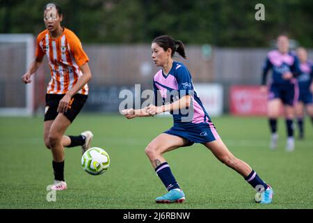 London, England. 03/05/2022, Lucy Monkman (14 Dulwich Hamlet) in action during the Capital Womens Senior Cup game between Ashford (Middlesex) and Dulwich Hamlet at Meadowbank in London, England.  Liam Asman/SPP Stock Photo