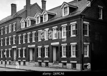 Example of Federalist style building in historic Lowell, Massachusetts. Captured on analog black and white film. Lowell, Massachusetts. Stock Photo