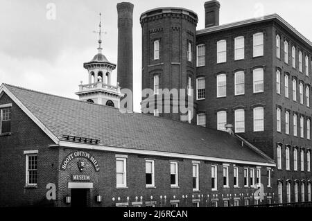 The Boott Cotton Mills Museum in historic Lowell, Massachusetts. Landscape view. Captured on analog black and white film. Lowell, Massachusetts.g Stock Photo