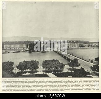 Vintage photograph of View of Geneva, Switzerland,19th Century Stock Photo