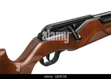 A modern air rifle with a futuristic design. Pneumatic weapons for sports and entertainment. Isolate on a white background. Stock Photo