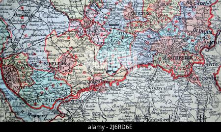 Antique map of Lancashire as it was then, including, Liverpool, Manchester, Bolton, Wigan, St Helens, Oldham and area in United Kingdom, British Isles. From the book: 'Stanford's Parliamentary County Atlas and Handbook of England and Wales' Published 1885 Stock Photo