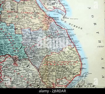 Antique map  of Grimsby, Market Rasen, Alford, Lincoln and area and the coast next to the North Sea in United Kingdom, British Isles. From the book: 'Stanford's Parliamentary County Atlas and Handbook of England and Wales' Published 1885 Stock Photo