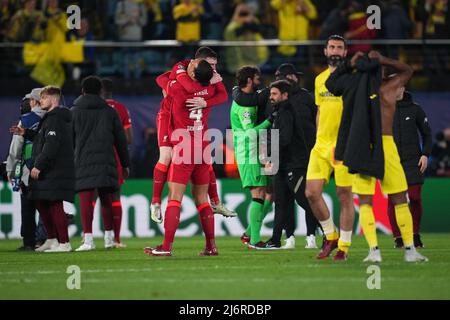 Villarreal, Spain. 03rd May, 2022. Liverpool FC players celebrating the victory during the UEFA Champions League match between Villarreal CF v Liverpool FC played at La Ceramica Stadium on May 3, 2021 in Villarreal, Spain. (Photo by Colas Buera / PRESSINPHOTO) Credit: PRESSINPHOTO SPORTS AGENCY/Alamy Live News Stock Photo