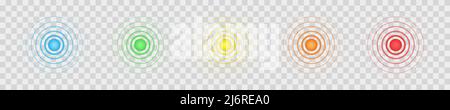 Concentric blue, green, yellow, orange and red signs on transparent background. Target symbols. Pain and healing, hurt and painkilling points. Radar, sound or sonar wave icons. Vector illustration Stock Vector